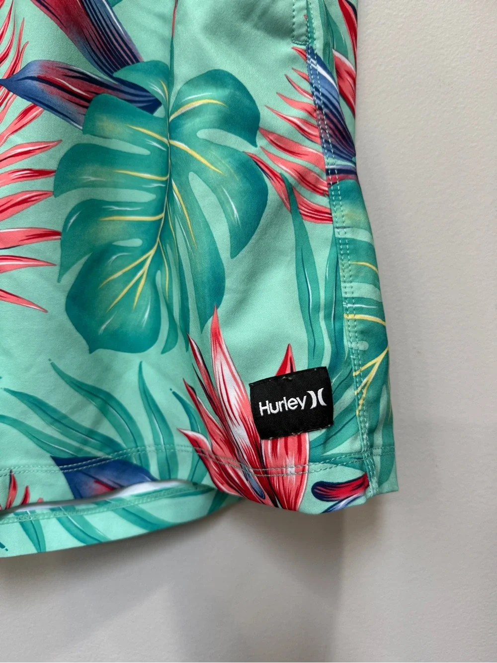 Hurley Men’s Teal Tropical Swim Trunks with Red Leaf Print